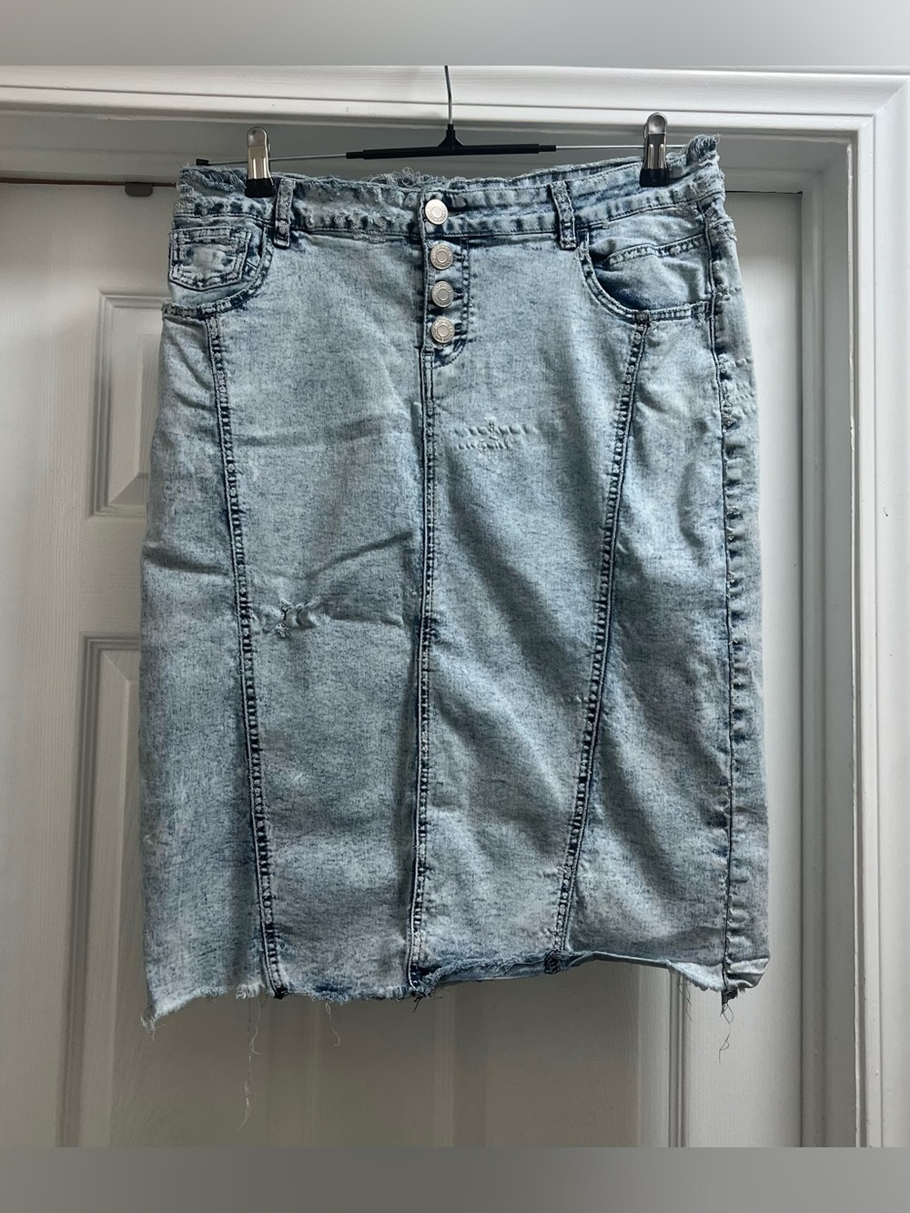 Light Blue Distressed Denim Midi Skirt